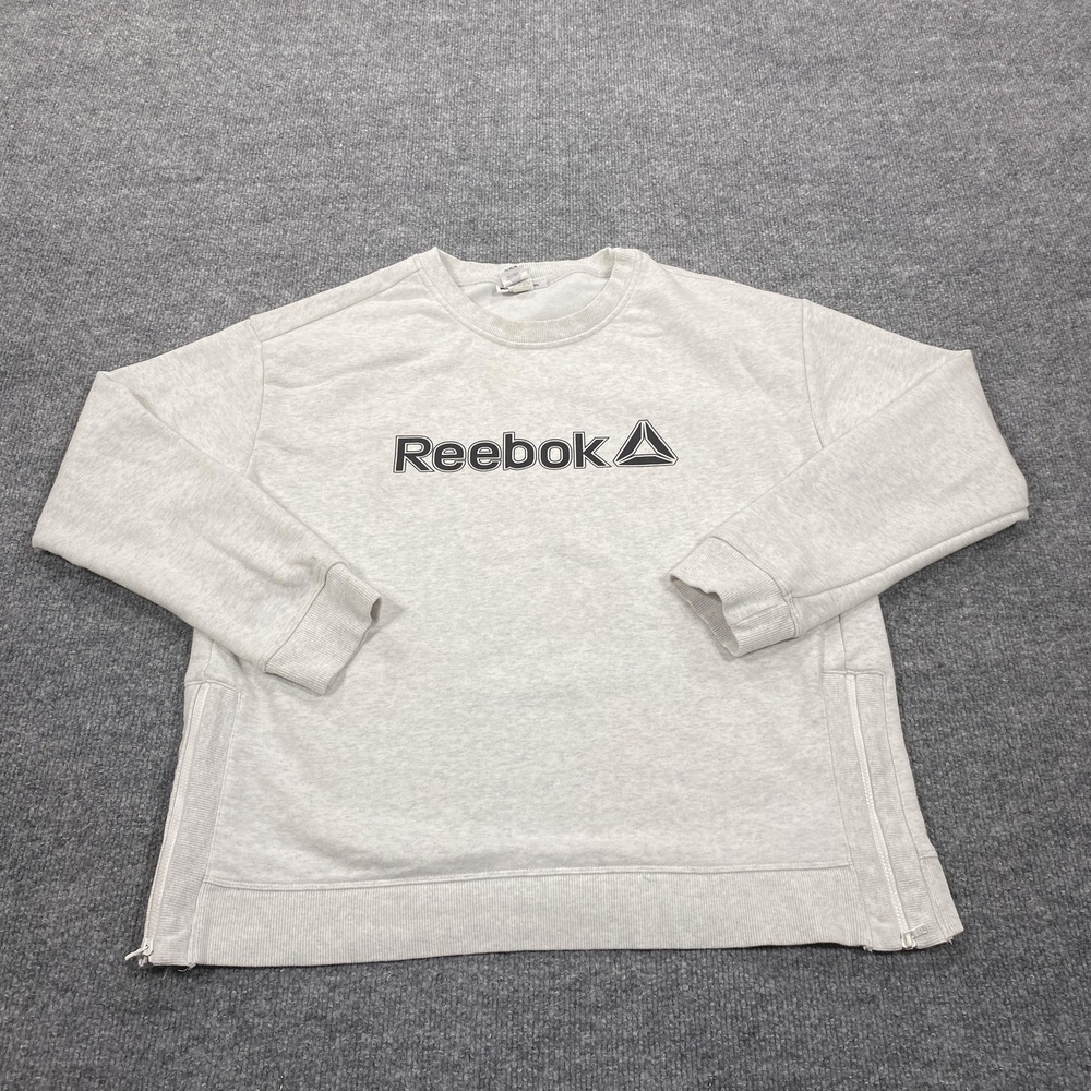 Reebok‎ Sweatshirt Mens Medium Gray Crewneck Fleece Pullover Graphic Logo Zipper